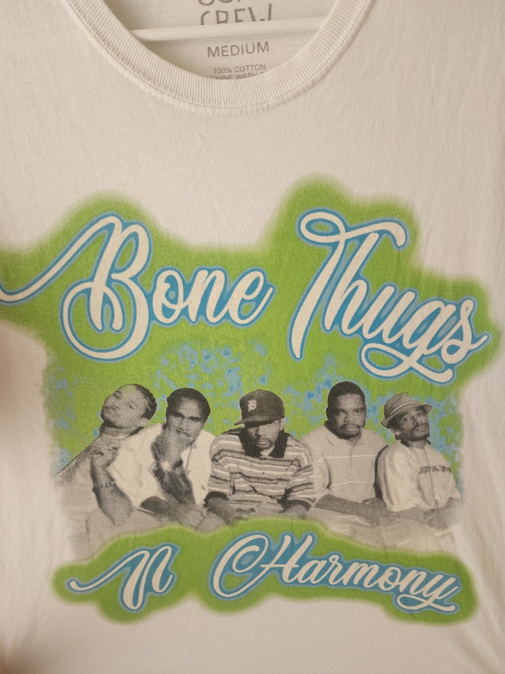 GOAT CREW Medium Cotton Tee - White with Black, Blue & Green Print